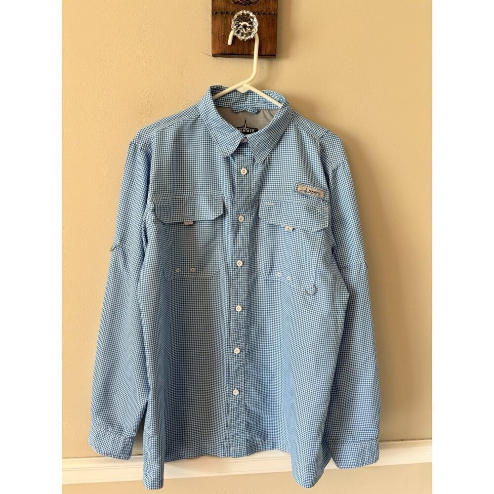 Habit Mens Size Medium Blue White Gingham Check Long Sleeve Shirt